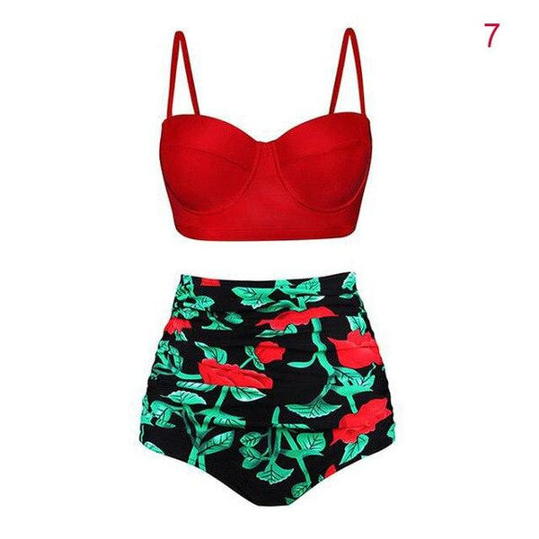 Women High Waist Tankinis Top with Pants Strappy Crop Tops Print Slim Fit Shorts Swimsuit HSJ88