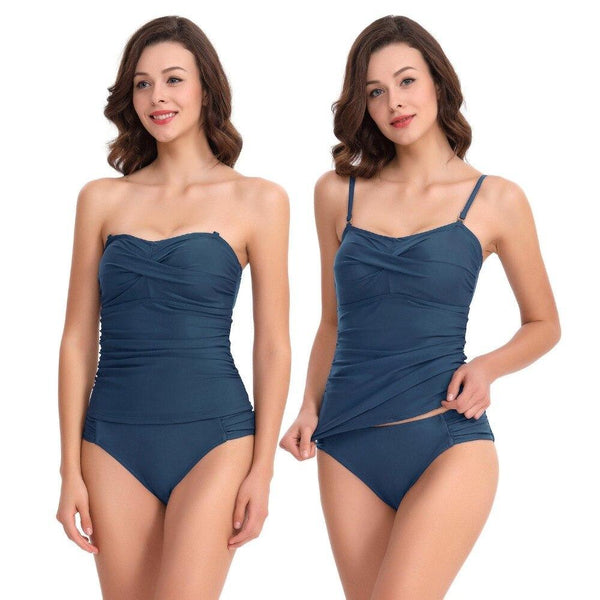 Ladies Best Two Pieces Swimwear Ruched Tankini Top With Triangle Bottoms No Underwire Soft Bra Support Adjustable Shoulder Strap