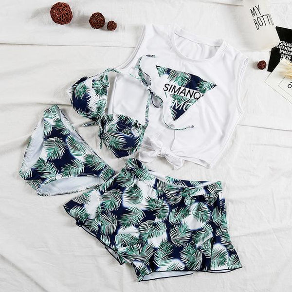 Two Piece Tankini Swimwear Solid Swimsuit Tankini Tops Girl Korean Underwire Four Piece Spandex 2019 Female Swimming Suit For