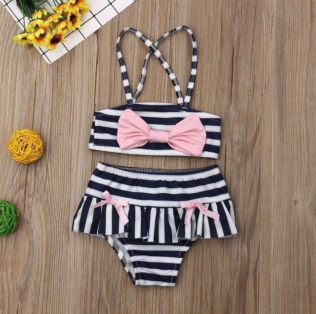 Toddler Kid Baby Girl Swimsuits Striped Swimwear Tankini Bow Top Pants Beachwear Strap Bathing Suit Outfit Girls Bikini Set