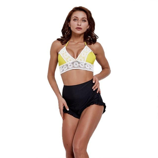 Beach Suit Women Tankini Halter Top Hollow Out Lace High Waist Bikini Swimwear Lady Wire Free Padded Bra Swimsuit