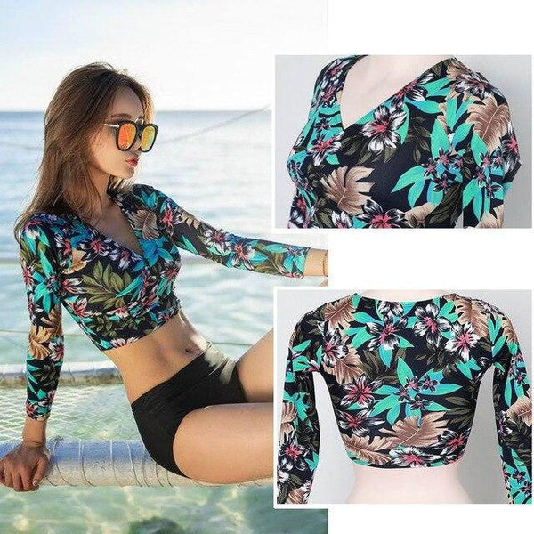 Women's Swimsuit Floral Leaf Printed Long Sleeve Rashguard Tankini Crop Top  Rash Guard Two-Pieces Bikini Swimsuit  Sun Protect