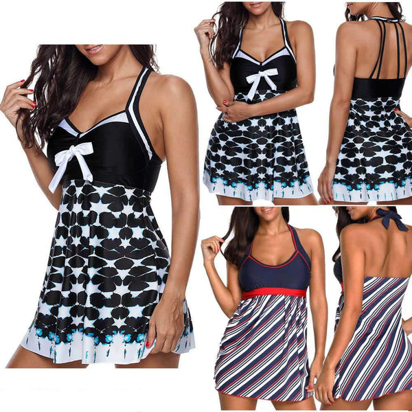 Plus Size Women's Swimsuits Two-Piece Suits Female Bralette Tankini Dress Top With Briefs Striped Swimwear Bathing Suit