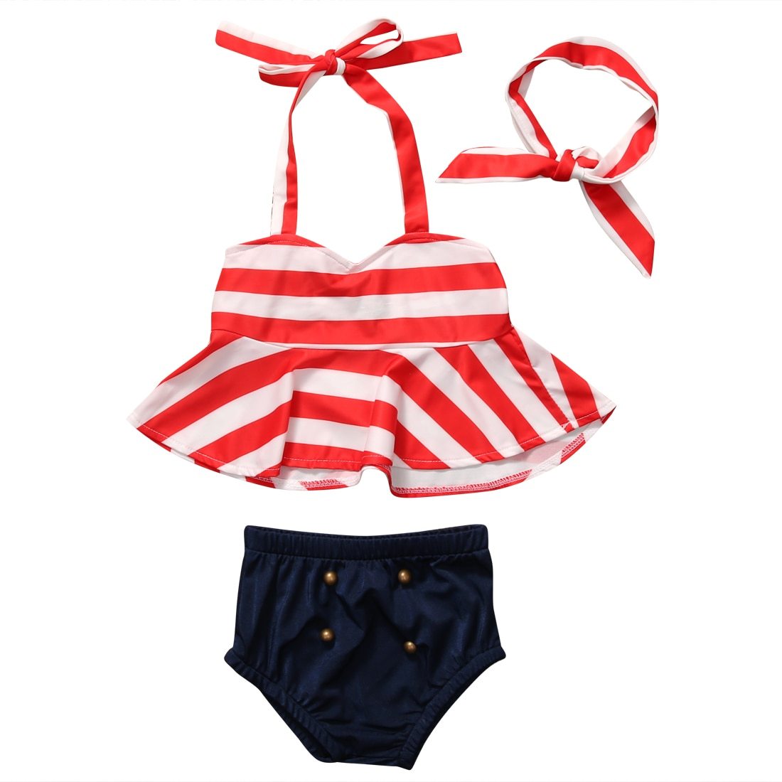 Baby Girls Stripe Tankini Bikini Swimwear Tops Bottoms Headband Sets Clothes Swimsuit Bathing Suit Beachwear Sets