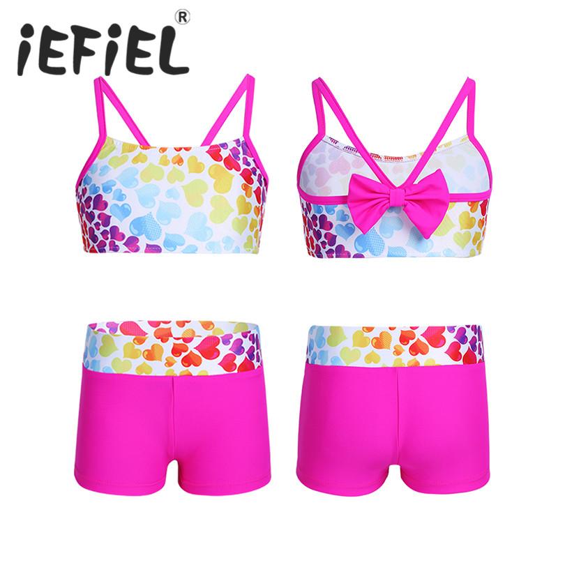 2PCS Cute Kids Girls Beachwear Tankini Heart-shaped Pattern Bowknot Back Swimsuit Swimwear Bathing Suit Set Tops with Bottoms