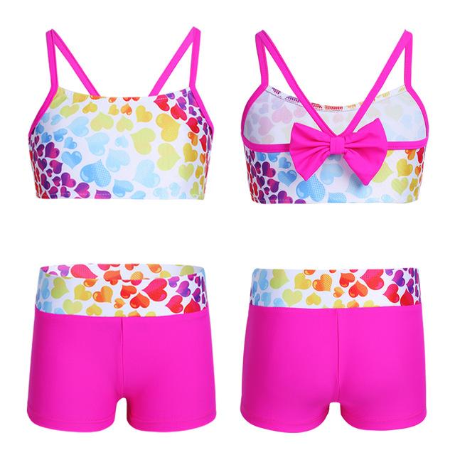 2PCS Cute Kids Girls Beachwear Tankini Heart-shaped Pattern Bowknot Back Swimsuit Swimwear Bathing Suit Set Tops with Bottoms