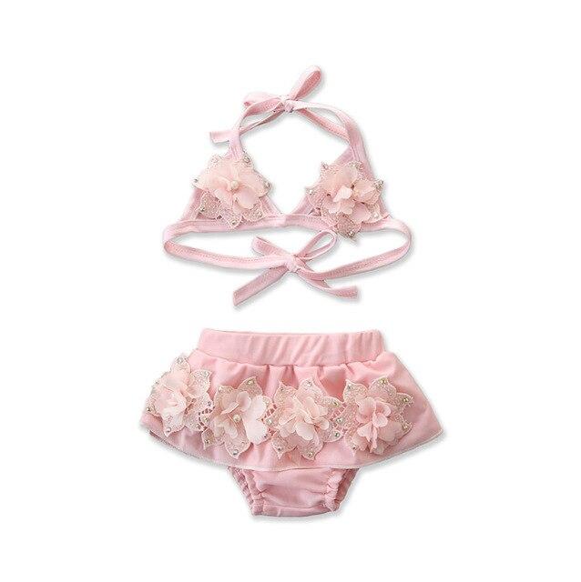 2Pcs Lovely 3D Floral Swimsuit Toddler Girl Bandage Tankini Halter Bandeau Swimwear Top Low Waist Bathing Suit Kids Beachwear