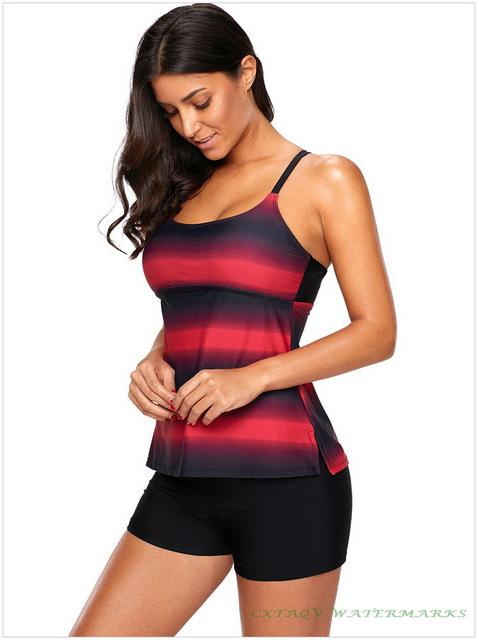 2019 Hot Style High Quality Women's Strappy Hollow Out Back Tankini Beachwear Fadeaway Top Flat Bottom Swimming Trunks Plus Size