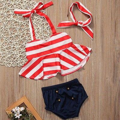 Baby Girl Red Striped 3pcs Tankini Bikini Kids Bathing Suit Halter Top Swimwear Swimsuit Beachwear