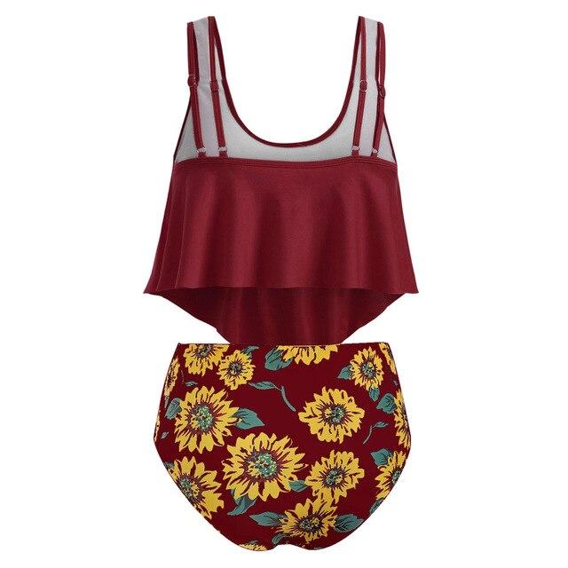 Summer Women Floral Ruffled High Waisted Tankini Set Solid Strap Tank Tops Swimwear Sunflower Underwire Split Swimsuit With Pad