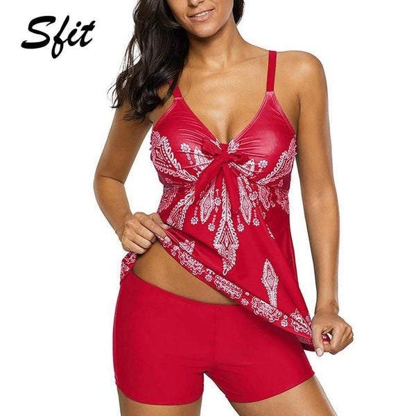 Sfit Summer Women 2piece Floral Tankini  Swimwear Printed Tank Top+Boyshorts Spaghetti Strap Bathing Suit Plus Size
