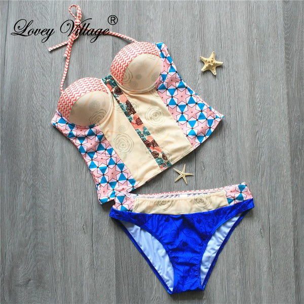 2019 Female Sexy Swimsuit Tankini Corset Top Biquini Thong Swim Wear Bathing Suit Swimwear Women Brazilian Push Up Bikini Set