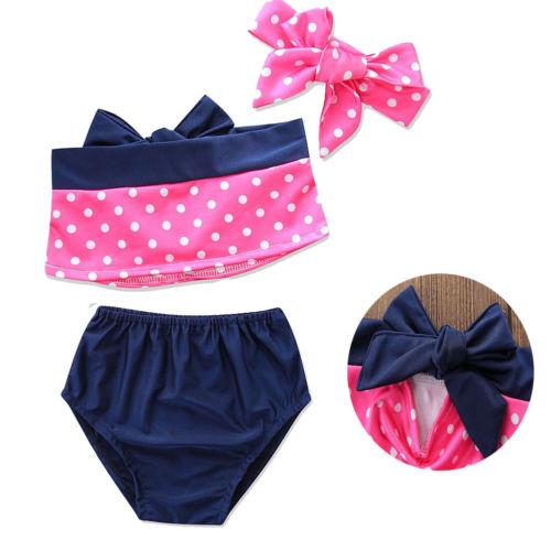 3Pcs Kids Baby Girls Dots Pattern Tankini Bikini Bow Printing Tube Top High Waist Swimwear Swimsuit Bathing Suit