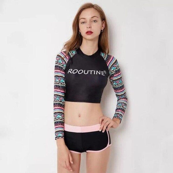 Printed Rash Guard 2019 Ladies Two-Pieces Swimwear High Neck Swimsuit Tankini Surf Clothes Crop Top Bathing Suits