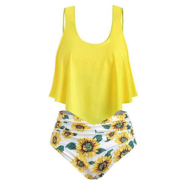 Women Ruffled High Waisted Tankini Set Solid Strap Tank Tops Swimwear Sunflower Printed Female Biquini Bathing Suit