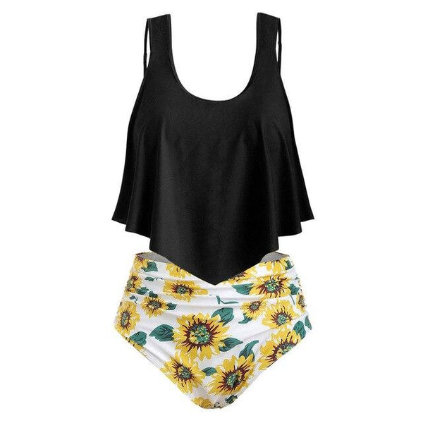 Summer Women Floral Ruffled High Waisted Tankini Set Solid Strap Tank Tops Swimwear Sunflower Underwire Split Swimsuit With Pad