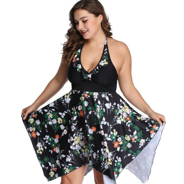 Plus Size Women Two Pieces Tankini Bikini Set Dress Top Shorts Swimwear Halter Floral Swimsuit Female Bathing Suit