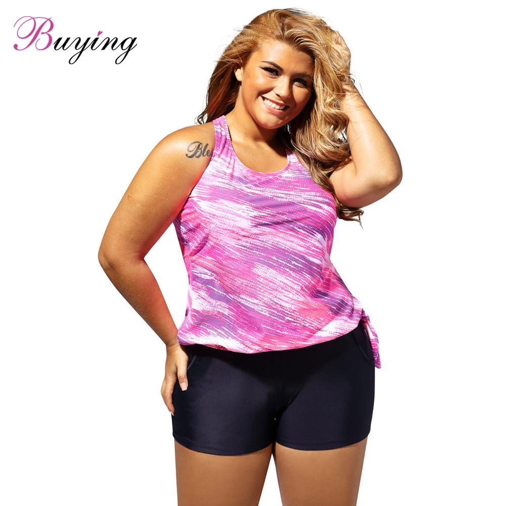 Plus Size Sexy Women Swimsuit Swimwear Tankini Top Shorts Set Print Pockets Bathing Suit Beachwear Rose/Blue Beach Cover Up