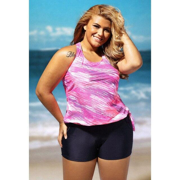 Plus Size Sexy Women Swimsuit Swimwear Tankini Top Shorts Set Print Pockets Bathing Suit Beachwear Rose/Blue Beach Cover Up