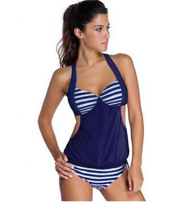 2017 S - XXXL Plus Size Stripes Lined Up Double Up Tankini Top Swimwear Women Sport push up bikini set two piece swim suits