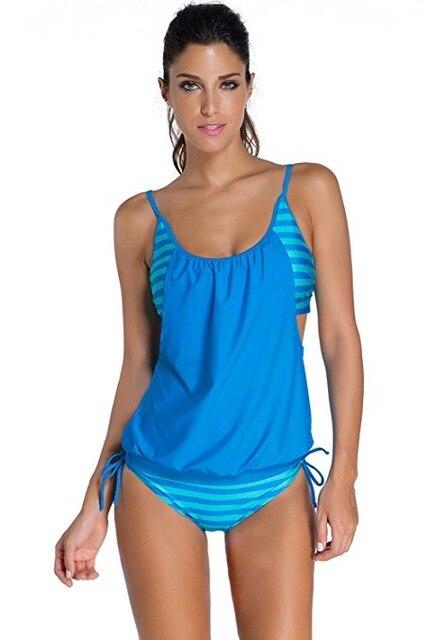 2017 S - XXXL Plus Size Stripes Lined Up Double Up Tankini Top Swimwear Women Sport push up bikini set two piece swim suits