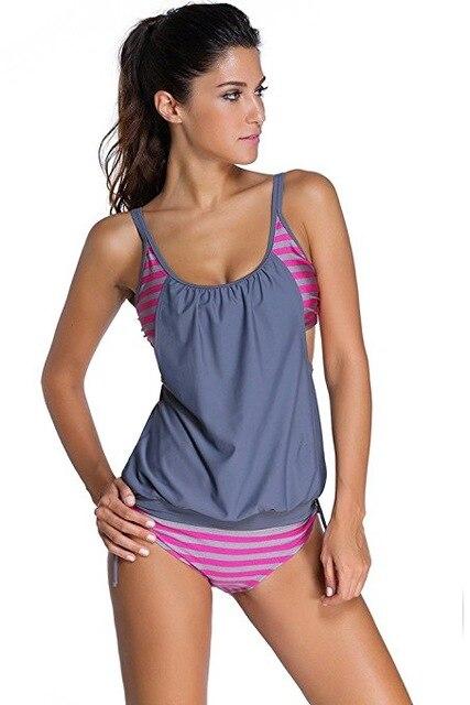 2017 S - XXXL Plus Size Stripes Lined Up Double Up Tankini Top Swimwear Women Sport push up bikini set two piece swim suits
