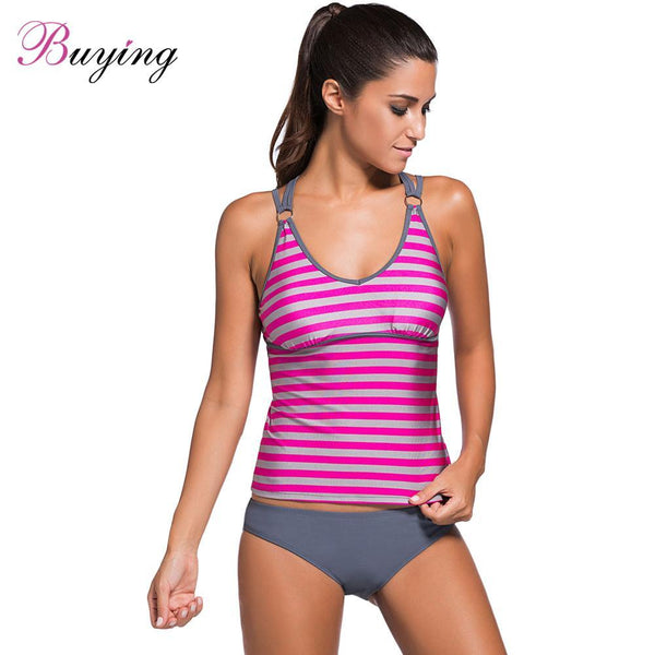 Women Striped Swimsuit Set Straps Padded Tankini Top Solid Swim Bottom Bathing Suit Swimwear plus size swimwear
