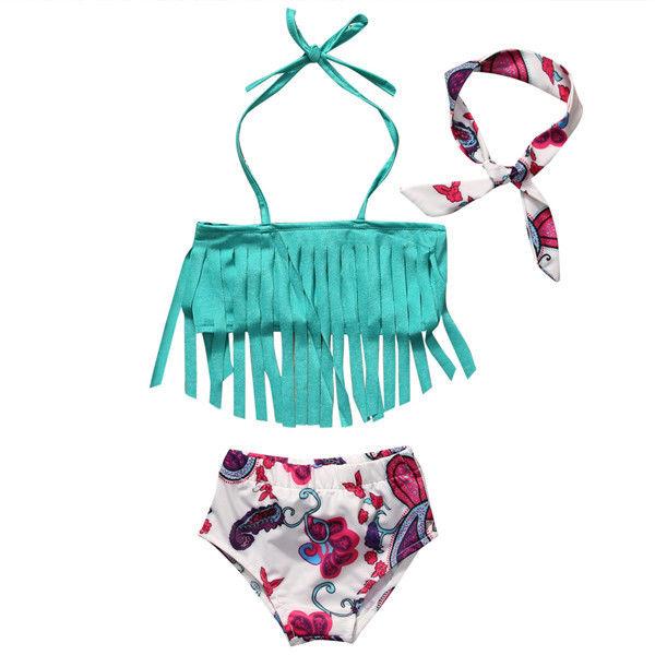 0-4T Kids Baby Girls Tankini Bikini Sets Tassels Top Floral Bow Shorts Bottoms Headband Swimwear Swimsuit Bathing Suit Beachwear