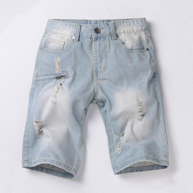 New Summer Light Blue Men Short Jeans Denim Cotton Trousers Ripped Board Slim Jean Pocket Zipper Casual Knee Shorts 38 40