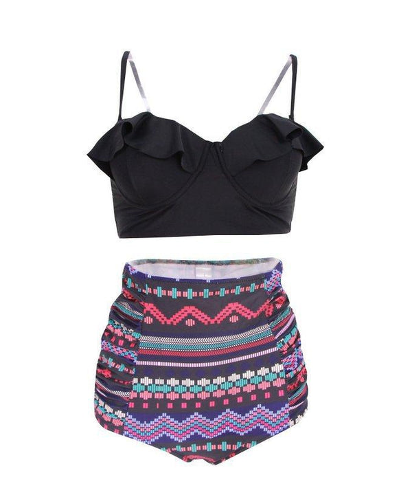 2017 new Women's Ruffle swimsuit Black Midkini Tankinis Top High waisted waist pin up Swimwear BIKINI SET  Graphic Aztec shorts