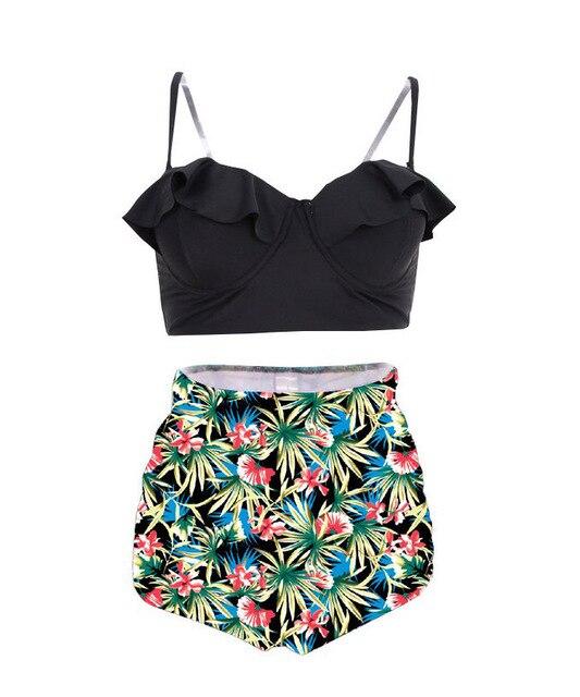 2017 new Women's Ruffle swimsuit Black Midkini Tankinis Top High waisted waist pin up Swimwear BIKINI SET  Graphic Aztec shorts