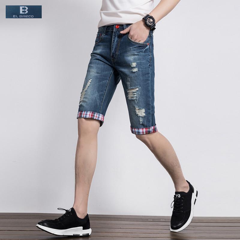 [EL BARCO] New Hot Denim Cotton Ripped Shorts Jeans Men Summer Bermuda Pockets Solid Blue Male Casual Shorts Plus Size 28-38