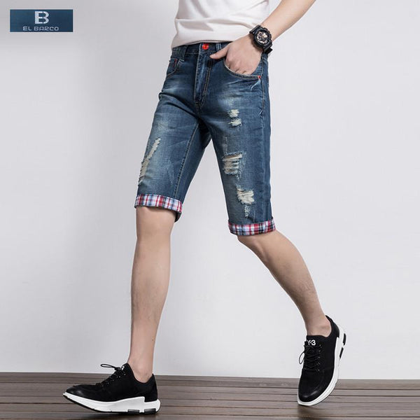 [EL BARCO] New Hot Denim Cotton Ripped Shorts Jeans Men Summer Bermuda Pockets Solid Blue Male Casual Shorts Plus Size 28-38