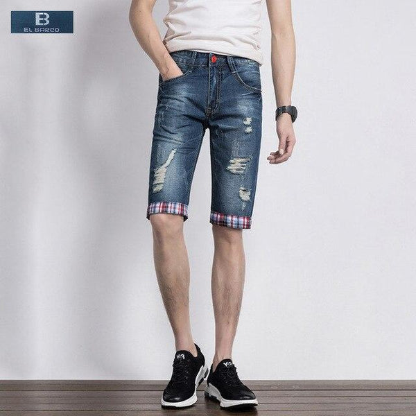 [EL BARCO] New Hot Denim Cotton Ripped Shorts Jeans Men Summer Bermuda Pockets Solid Blue Male Casual Shorts Plus Size 28-38