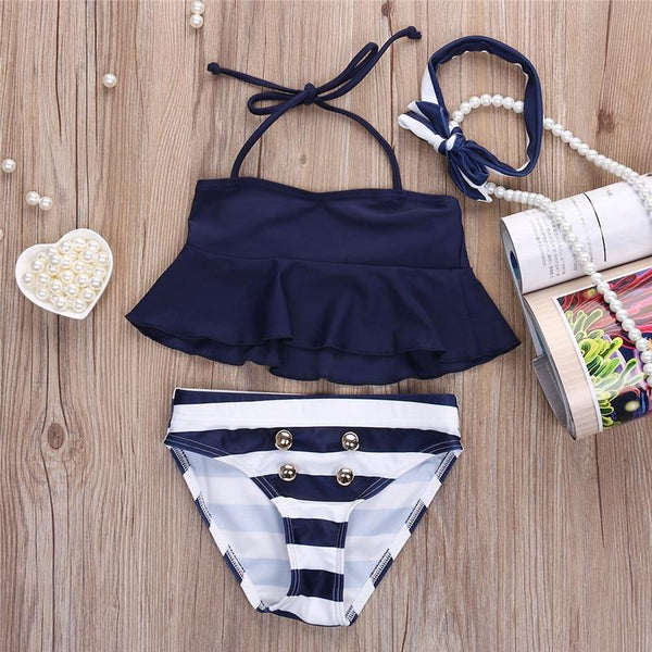 Free New Brand Children Girls Bikini Suit Ruffles Navy Tops Striped Tankini Swimsuit Swimwear two pieces swim for girls