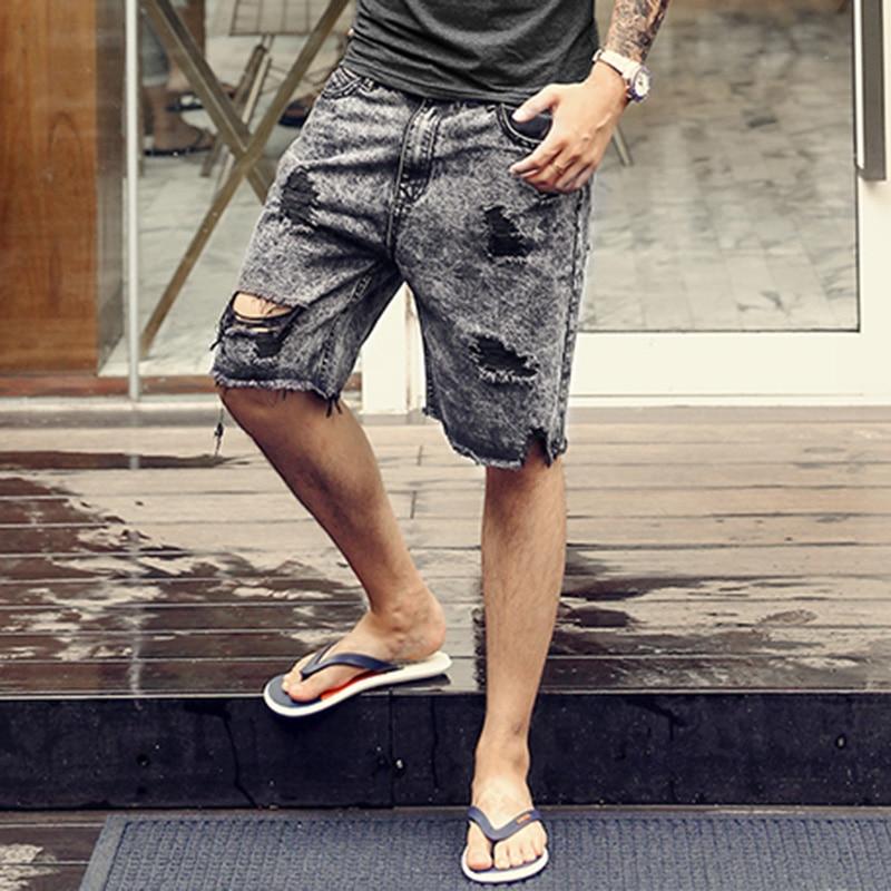 Metrosexual man summer black grey burr shorts ripped hole jeans Mens denim fashion European style casual zipper short jeans K781