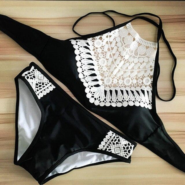 Tankini swimsuit sexy lace tops swimwear black tank bathing suit high neck swimming wear padded push up bikini crochet beachwear