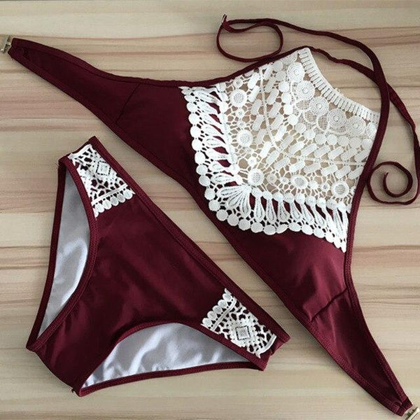 Tankini swimsuit sexy lace tops swimwear black tank bathing suit high neck swimming wear padded push up bikini crochet beachwear