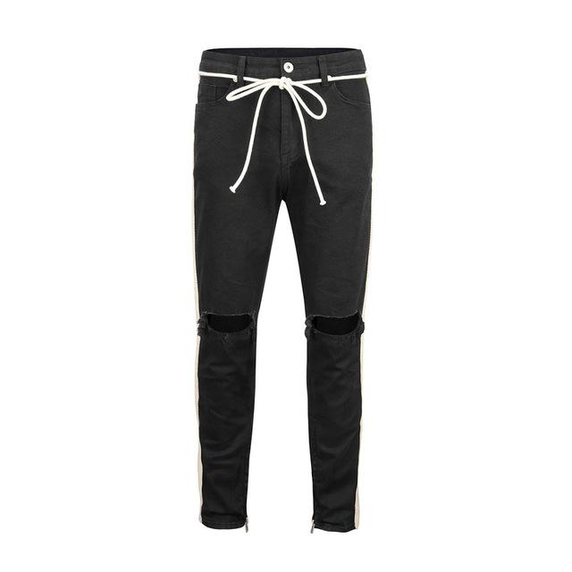 2018 Black Icon FOG Style Justin Bieber Ripped Destoryed Jeans Skinny Fit Men Jeans Striped Side Zipper Knee Holes Denim Jeans