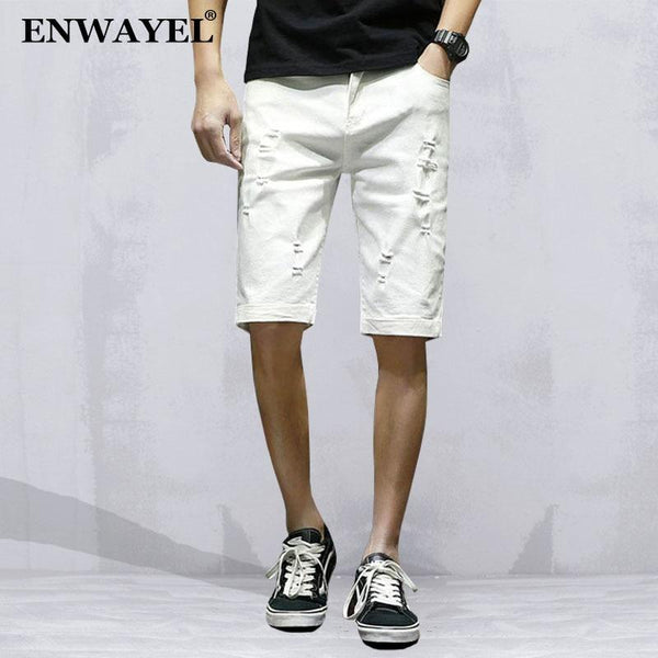 ENWAYEL Summer Black White Casual Jeans Shorts Men Trousers Fashion Hole Ripped Distressed Short Denim Male Hip Hop Streetwear