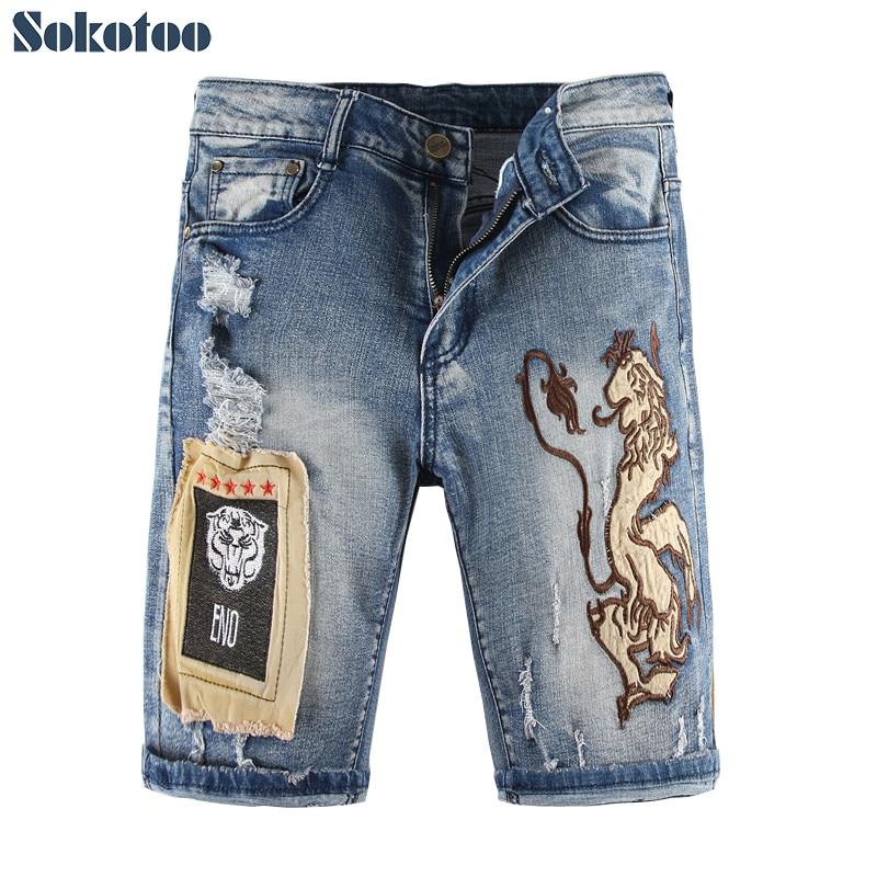 Sokotoo Men's knee length lion embroidery patches shorts Plus size patchwork holes blue ripped denim jeans