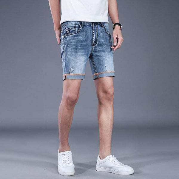 Mens Breathable High Stretch Denim Shorts Male Summer Ripped Hole Casual Jeans Shorts Distressed Straight Short AA11492