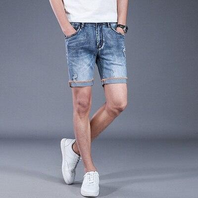 Mens Breathable High Stretch Denim Shorts Male Summer Ripped Hole Casual Jeans Shorts Distressed Straight Short AA11492