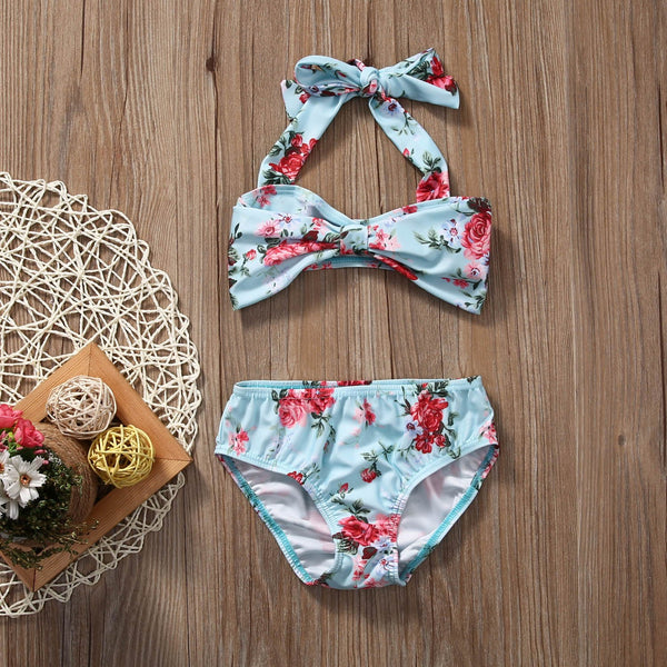 2Pcs Baby Girls Halter Bow Swimwear Two-piece Kids Girl Floral Bikini Swimwears Swimsuit Bathing Suit Swimming Costume
