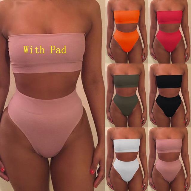 High Waist Swimsuit 2018 Sexy Bikini Women Brazilian Pad Swimwear Push Up Bandeau Top Plus Size Bottom Bikini Set Bathing Suits