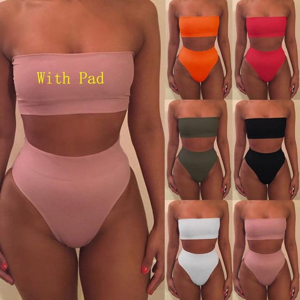 High Waist Swimsuit 2018 Sexy Bikini Women Brazilian Pad Swimwear Push Up Bandeau Top Plus Size Bottom Bikini Set Bathing Suits