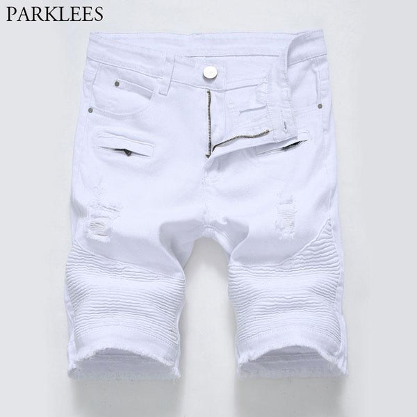 2018 Summer Men's White Ripped Biker Jeans Shorts Casual Pleated Zipper Stretch Denim Shorts Male Knee Length Shorts Jeans Homme
