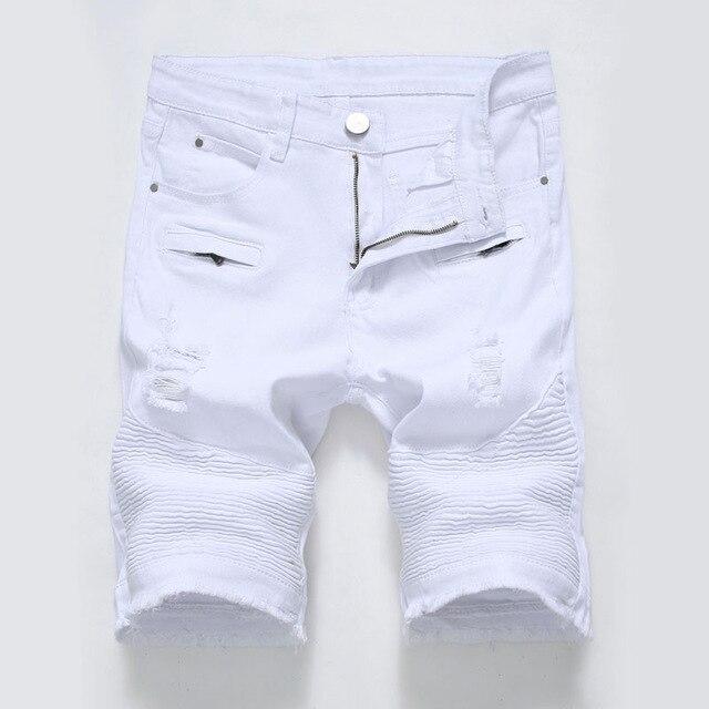 2018 Summer Men's White Ripped Biker Jeans Shorts Casual Pleated Zipper Stretch Denim Shorts Male Knee Length Shorts Jeans Homme