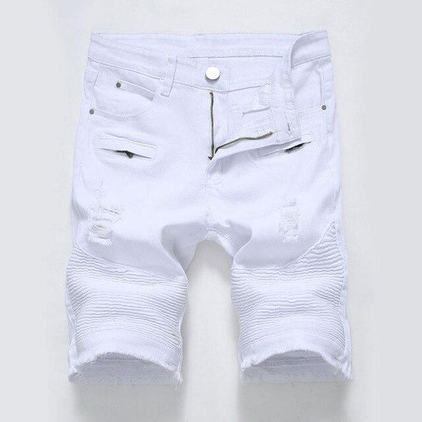2018 Summer Men's White Ripped Biker Jeans Shorts Casual Pleated Zipper Stretch Denim Shorts Male Knee Length Shorts Jeans Homme