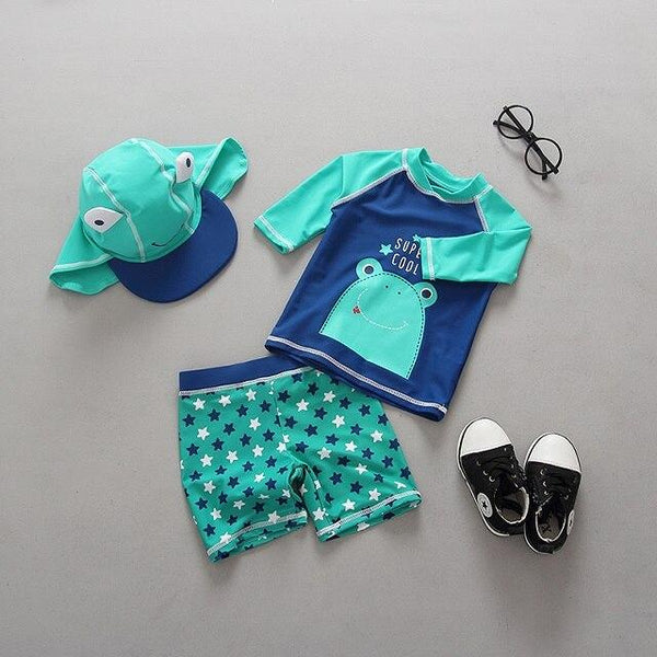 2018 Children Swimwear boy's Bathing Suits Cartoon Frog Print Green Swimming Wear Kids Long Sleeve Beachwear Anti-UV Swim Wear